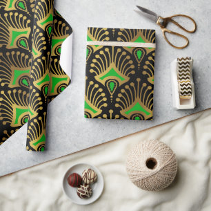 Gold and green Art Deco pattern on black Wrapping Paper