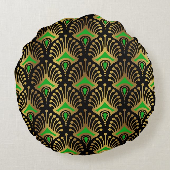 Gold and green Art Deco seamless pattern Round Pillow (Back)