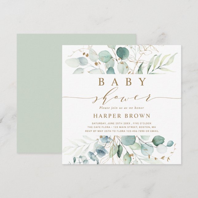 Gold and Green Botanical Baby Shower Square Invitation (Front/Back)