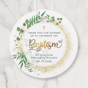 Gold And Green Botanical Baptism Thank You Favour Tags