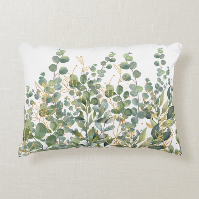 Gold And Green Botanical Eucalyptus Leaves Accent Pillow (Front)