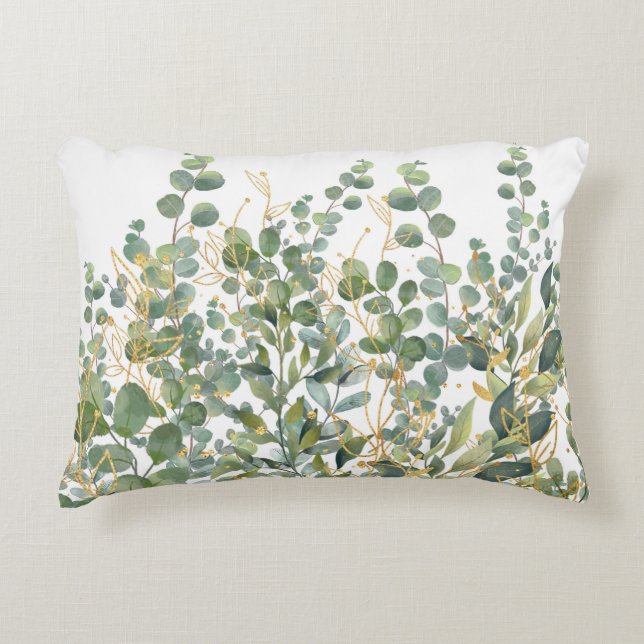 Gold And Green Botanical Eucalyptus Leaves Accent Pillow (Front)