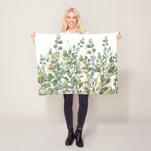 Gold And Green Botanical Eucalyptus Leaves Fleece Blanket (In Situ)