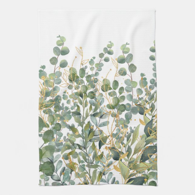 Gold And Green Botanical Eucalyptus Leaves Kitchen Towel (Vertical)