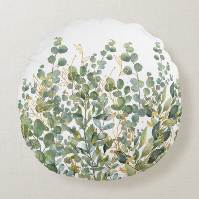 Gold And Green Botanical Eucalyptus Leaves Round Pillow (Front)