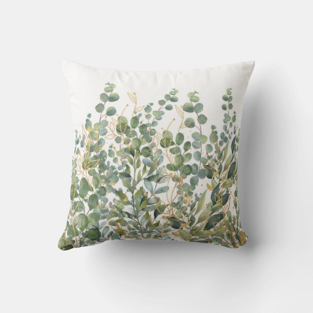 Gold And Green Botanical Eucalyptus Leaves Throw Pillow (Back)