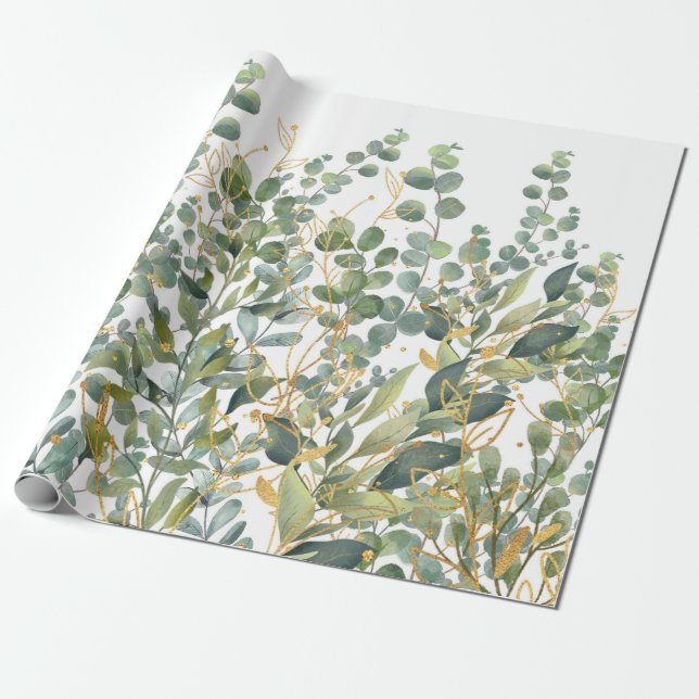 Gold And Green Botanical Eucalyptus Leaves Wrapping Paper (Unrolled)