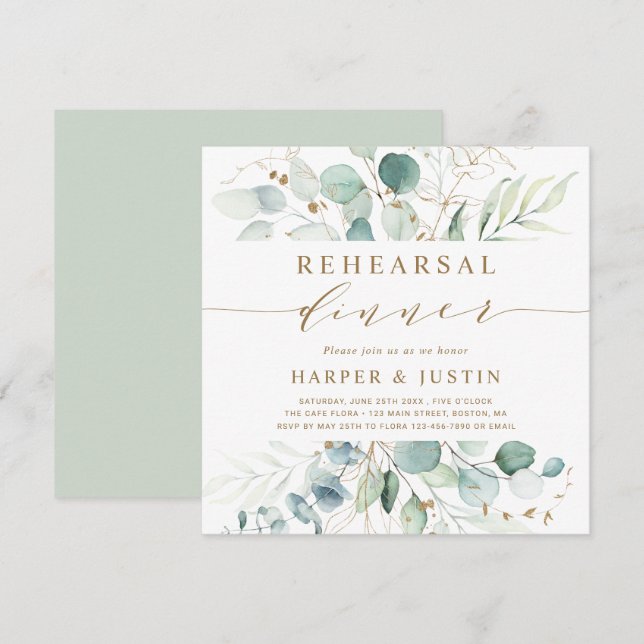 Gold and Green Botanical Rehearsal Dinner Square Invitation (Front/Back)