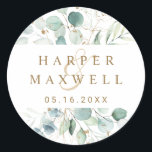 Gold and Green Botanical Wedding Classic Round Sticker<br><div class="desc">This wedding sticker features painted watercolor eucalyptus,  botanical green and gold glitter leaves with gold script.</div>