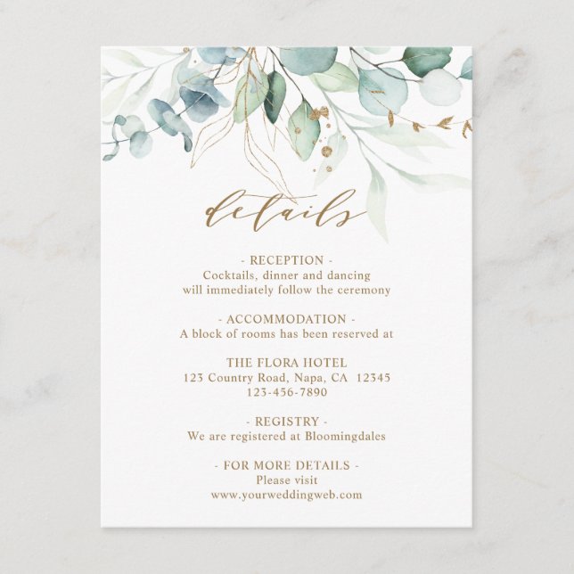 Gold and Green Botanical Wedding Details Enclosure Card (Front)