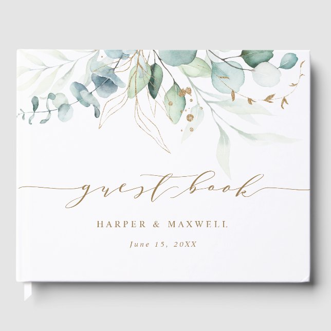 Gold and Green Botanical Wedding Guest Book (Front)
