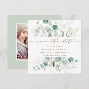 Gold and Green Botanical Wedding Photo Save The Da Date