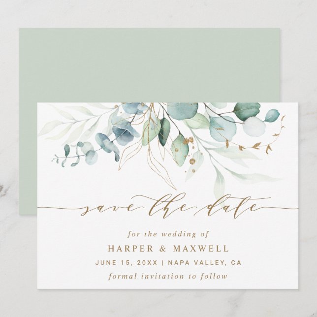 Gold and Green Botanical Wedding Save The Date (Front/Back)