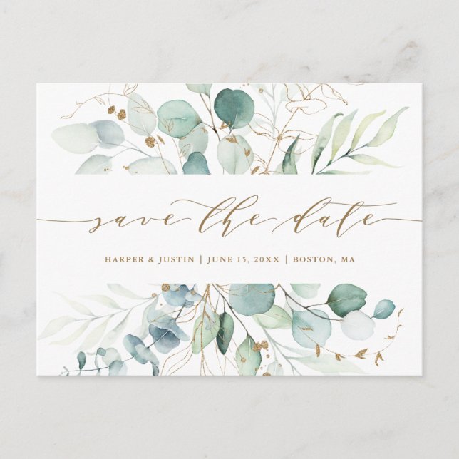Gold and Green Botanical Wedding Save the Date Announcement Postcard (Front)
