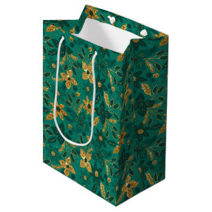 Gold and Green Christmas Poinsettia Flowers Medium Gift Bag