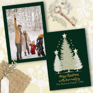 Gold and Green Christmas Tree and Stars Photo Holiday Card