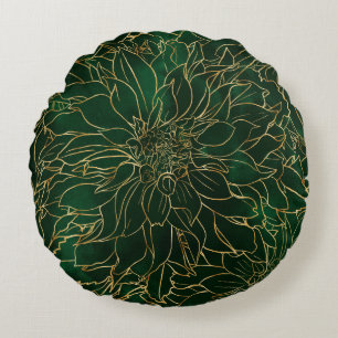 Gold and Green Dahlia Flower Round Pillow