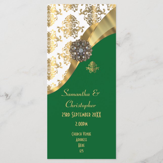 Gold and green damask church wedding program (Front)