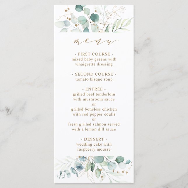 Gold and Green Elegant Botanical Wedding Menu (Front)