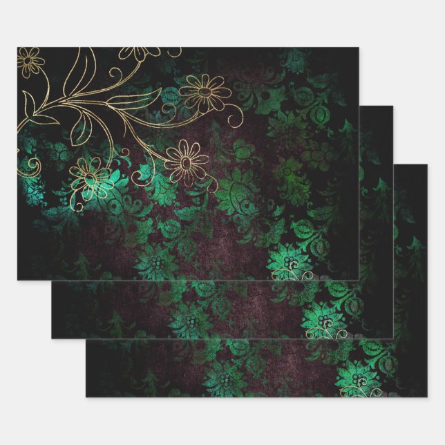 Gold and Green Floral Wrapping Paper Sheet (Set)
