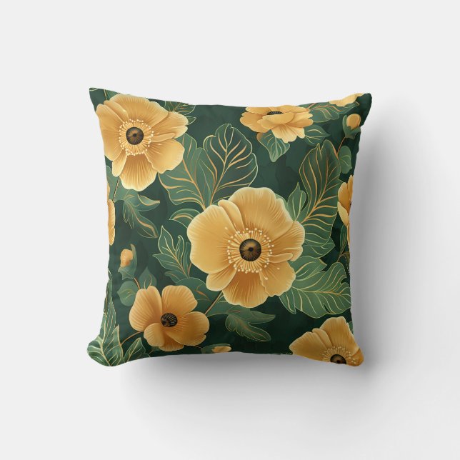 Gold and Green Flower Pattern Throw Pillow (Front)