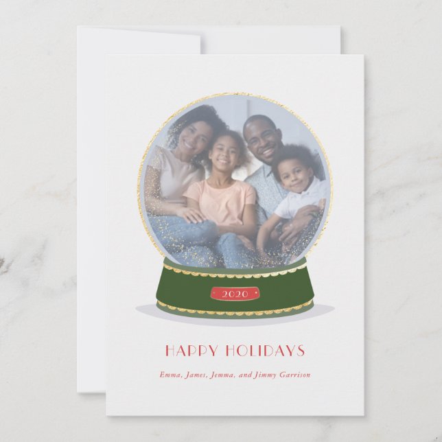 Gold and Green Glimmer Snow Globe Holiday Card (Front)