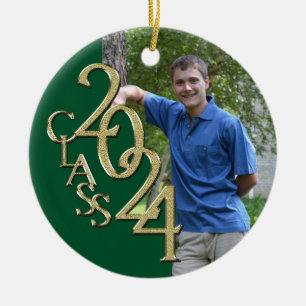 Gold and Green Graduation Class of 2024 Photo Ceramic Ornament