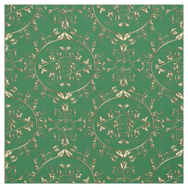 Gold and Green Holiday Damask Print Fabric (Swatch)