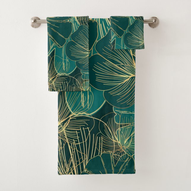 Gold And Green Leaves Bath Towel Set (Insitu)