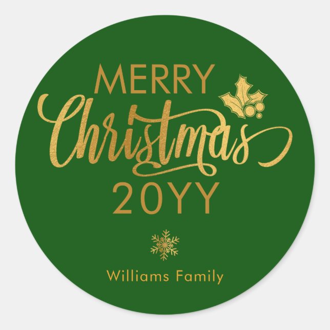 Gold and Green Merry Christmas Custom Holiday Clas Classic Round Sticker (Front)