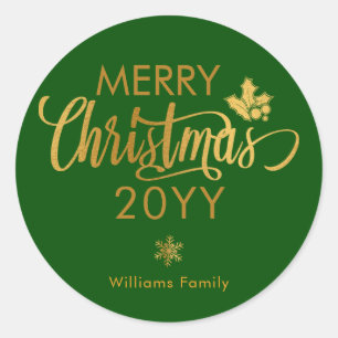 Gold and Green Merry Christmas Custom Holiday Clas Classic Round Sticker