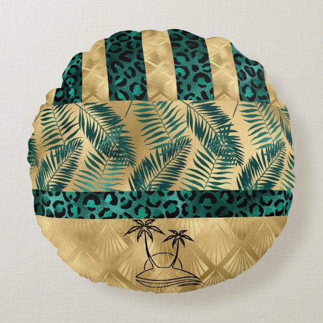 Gold and Green Palm Tree Round Pillow (Front)