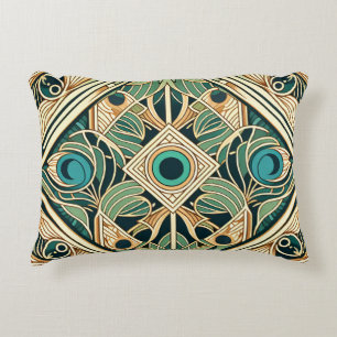 Gold and green peacock abstract feathers texture accent pillow