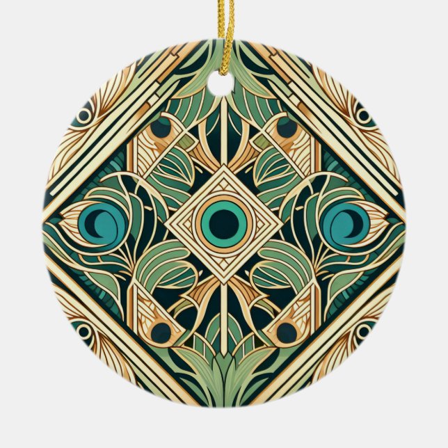 Gold and green peacock abstract feathers texture ceramic ornament (Front)