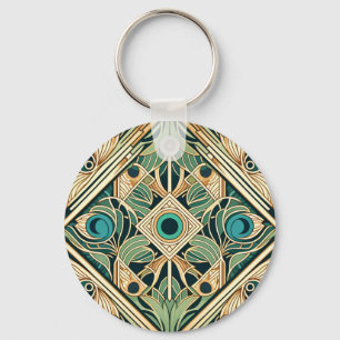 Gold and green peacock abstract feathers texture keychain