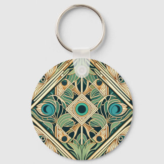 Gold and green peacock abstract feathers texture keychain