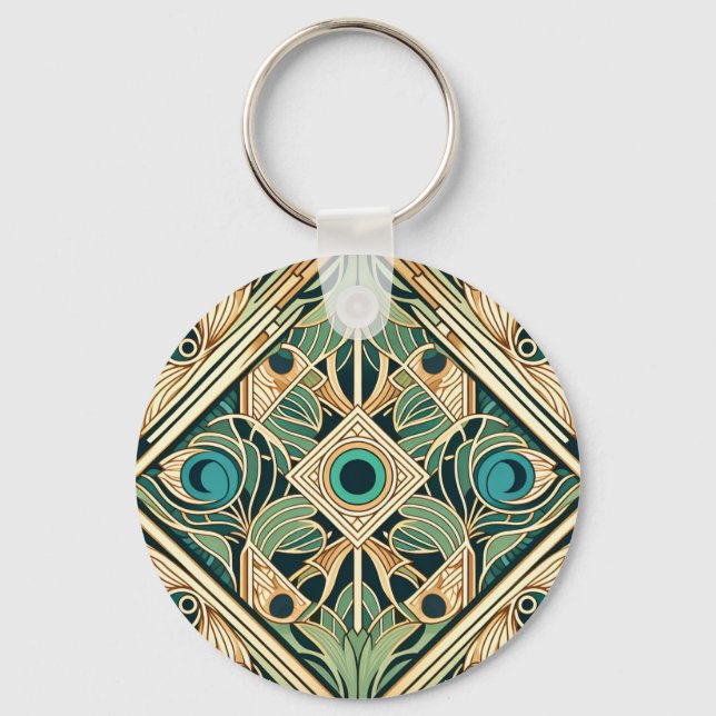 Gold and green peacock abstract feathers texture keychain (Front)