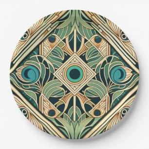 Gold and green peacock abstract feathers texture paper plate