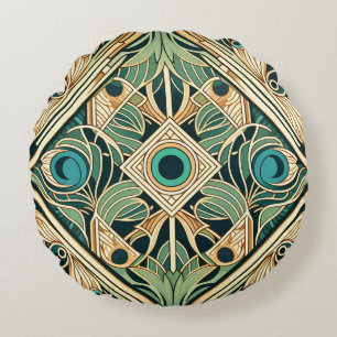 Gold and green peacock abstract feathers texture round pillow