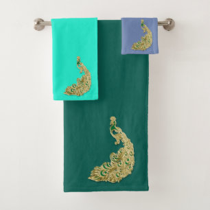 Gold and green peacock glimmering brightly bath towel set