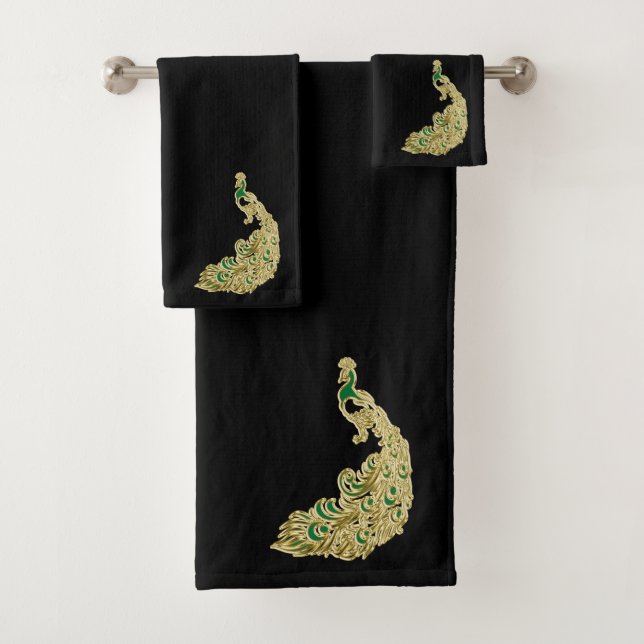 Gold and green peacock glimmering brightly bath towel set (Insitu)