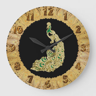 Gold and green peacock glimmering brightly large clock