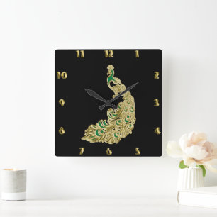 Gold and green peacock glimmering brightly square wall clock
