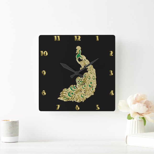 Gold and green peacock glimmering brightly  square wall clock (Home)