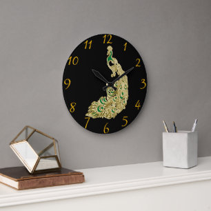 Gold and green peacock Peacock Elegance Wall Large Clock