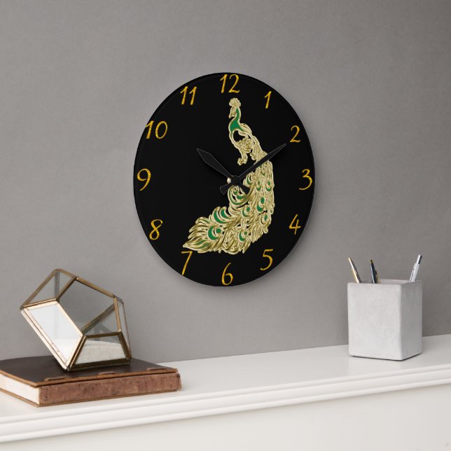 Gold and green peacock Peacock Elegance Wall Large Clock (Office)
