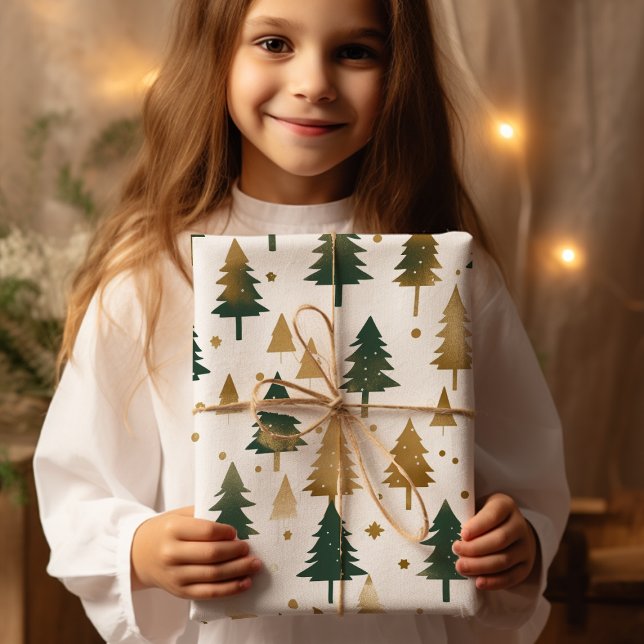Gold And Green Pine Trees Christmas Wrapping Paper (Creator Uploaded)