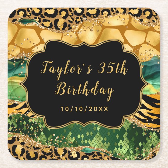 Gold and Green Safari Agate Birthday Square Paper Coaster (Front)
