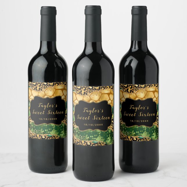 Gold and Green Safari Agate Sweet Sixteen Wine Label (Bottles)