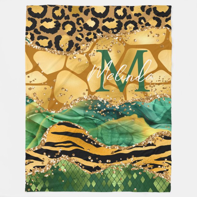 Gold and Green Safari Animal Print Agate Fleece Blanket (Front)